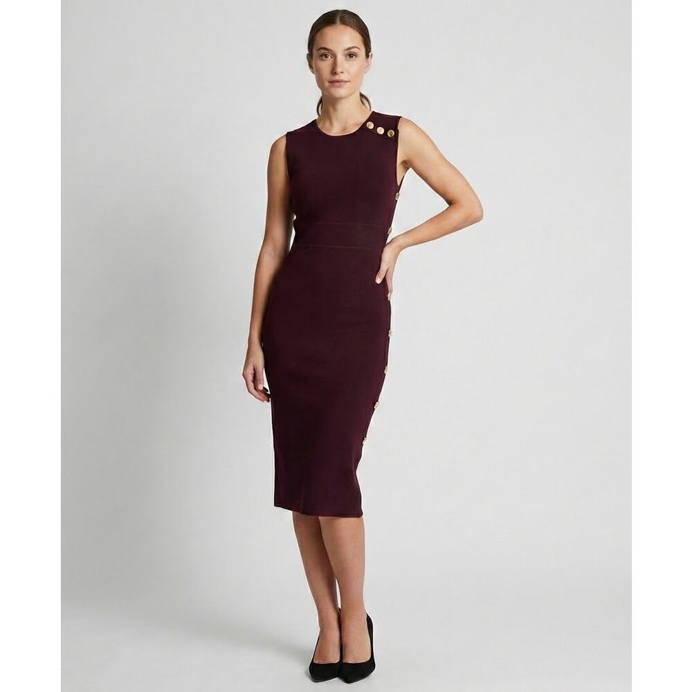 New York & Company NWT Buttoned Sleeveless Knit Midi Dress in Maroon Size Small